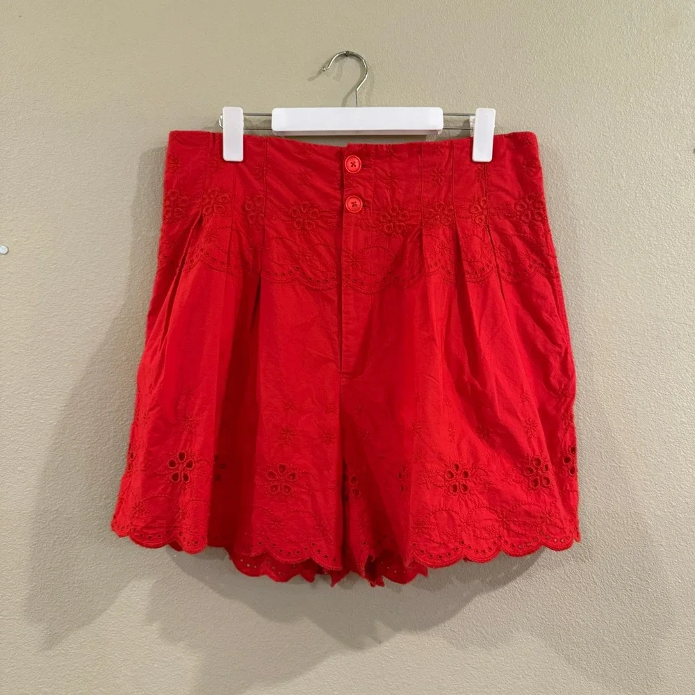 Free People Sweet Like Candy Shorts Women XL Red Eyelet Scalloped High Rise Boho